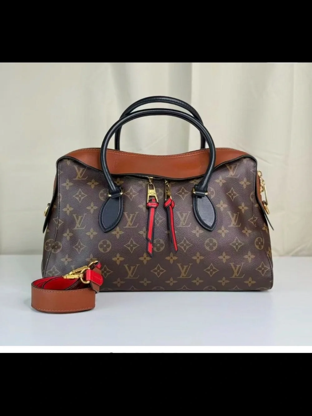 Louis Vuitton Tuileries Monogram Satchel with Brown, Black and Red Accents